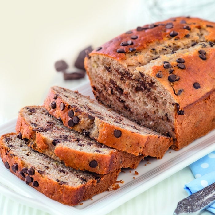 Delicious homemade banana bread with chocolate chips sliced on a